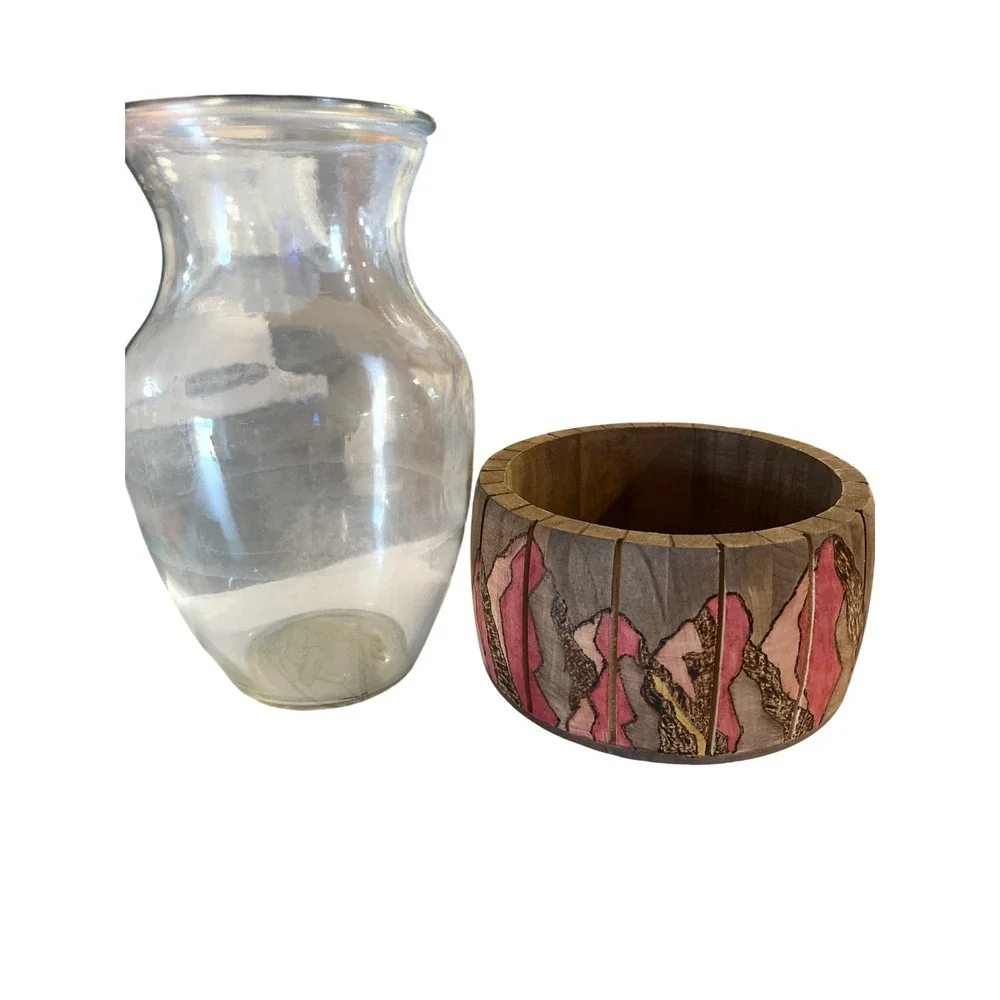 Artisan Glass Vase with Hand Painted Wood Mountain Base Two Piece Set Clear Pink